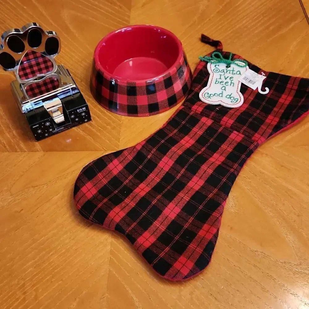 Dog Christmas stocking,stocking hanger and dog dish Santa I've been A Good Dog